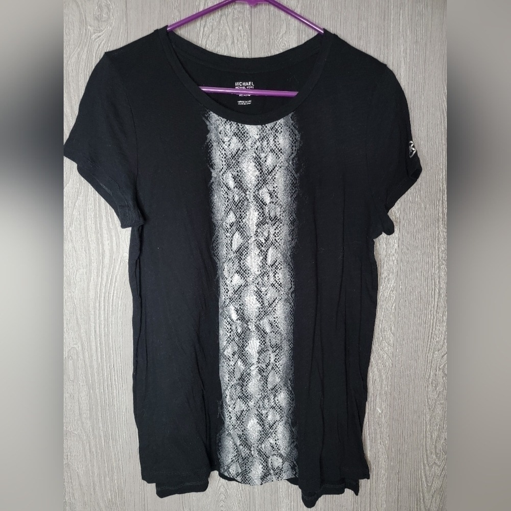 ♡Michael Michael Kors Black Snakeskin Print Cotton T-Shirt Womens Large MK Logo
